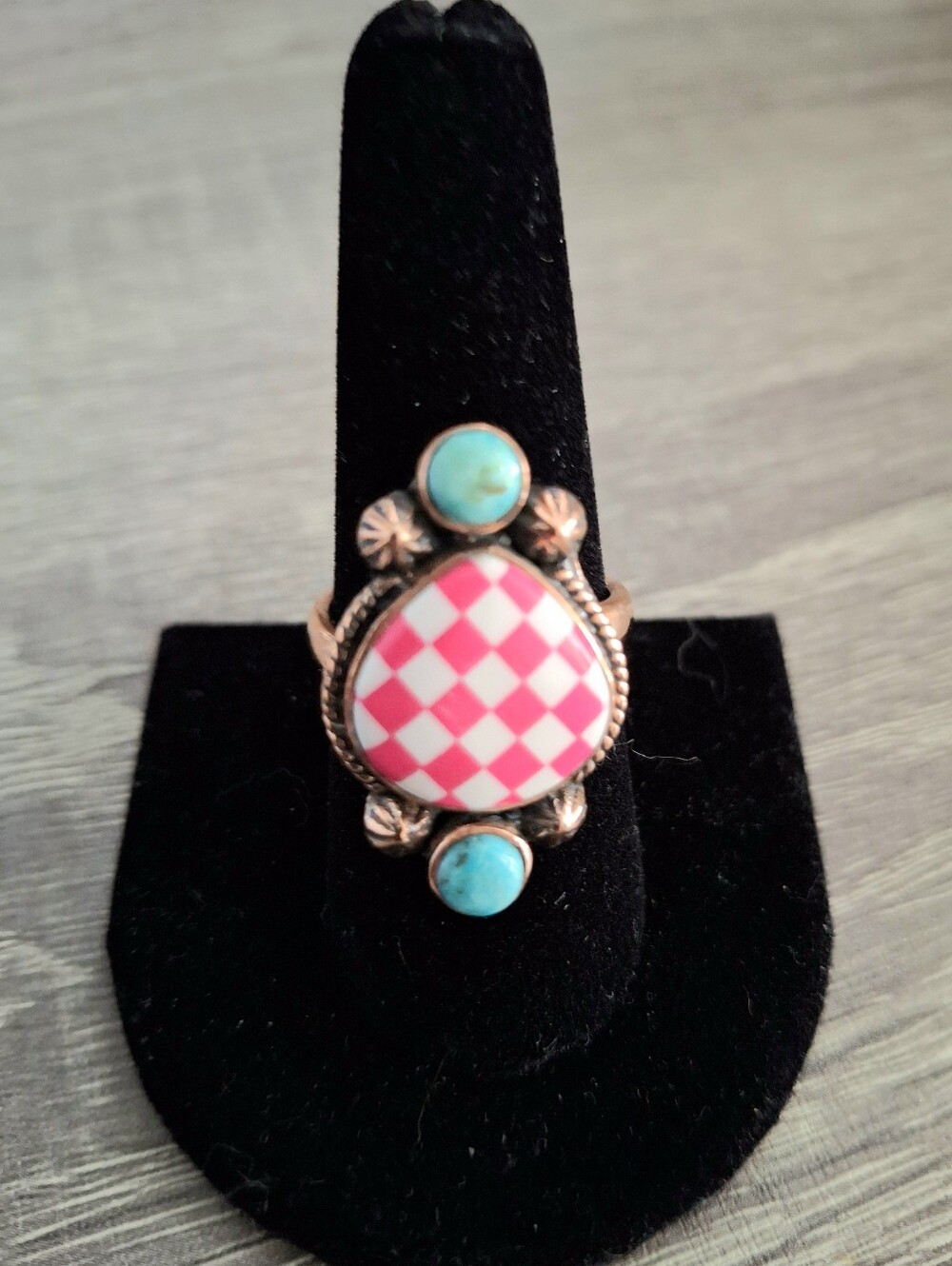 Ring Pink Checkerboard With Turquoise Accents Copper Adjustable Sizing 8-9-10